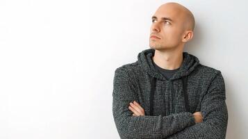 A bald man with a grey sweater leaning against a wall photo