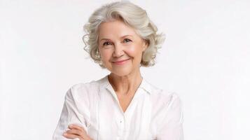 A woman with white hair and a white shirt photo