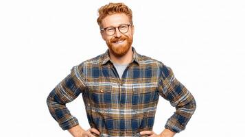 A man with red hair and glasses is standing with his hands on his hips photo
