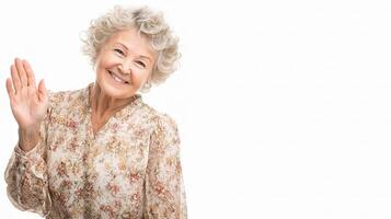 An older woman waving her hand in the air photo