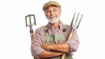 An older man with a beard and a hat holding a pitchfork photo