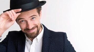 A man in a suit and hat is smiling photo
