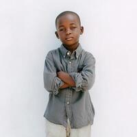 A young boy standing against a white wall photo