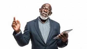 An older man with a beard and glasses is holding a tablet photo