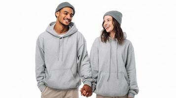 A man and woman wearing hoodies and hats photo