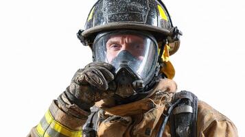 A firefighter wearing a gas mask and holding a hose photo