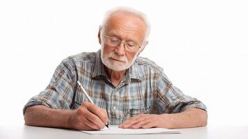 An older man writing on a piece of paper photo