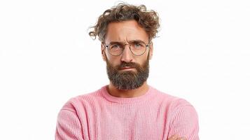 A man with a beard and glasses is standing in front of a pink sweater photo
