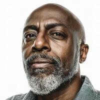 A bald man with a grey beard and a grey shirt photo