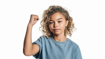 A young girl with her fist raised photo