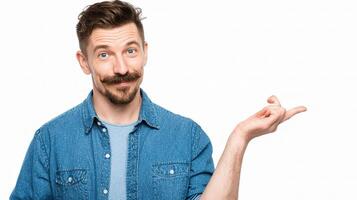 A man with a mustache and a blue shirt is holding up his hand photo