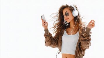 A woman wearing headphones and a jacket photo