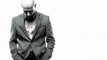 A bald man in a suit and tie standing with his hands in his pockets photo