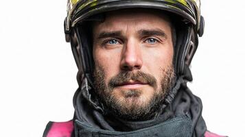 A man wearing a helmet and a pink jacket photo