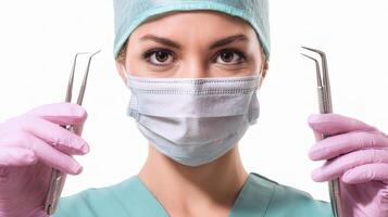 A woman in a surgical mask and gloves holding two surgical tools photo