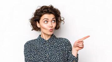 A woman pointing her finger up in the air photo