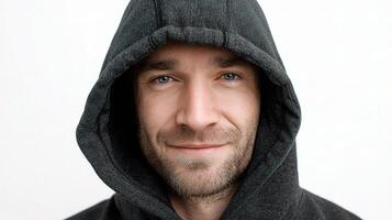 A man with a hoodie on his head photo