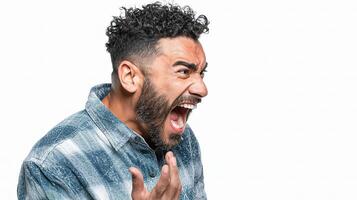 A man with a beard and a shirt is yelling photo