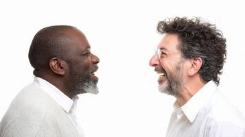 Two men talking to each other, one is smiling photo
