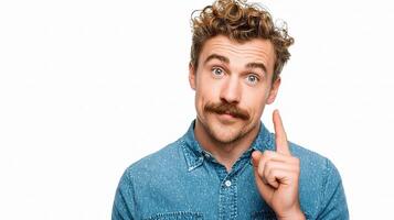 A man with a moustache and a blue shirt is pointing to his finger photo