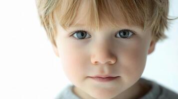 A young boy with blue eyes looking at the camera photo
