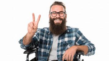 A bearded man in a wheelchair with his hands up photo