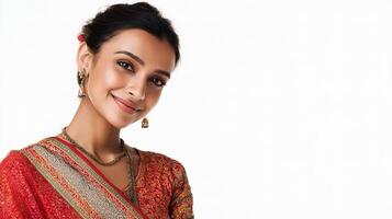 A woman in an indian sari smiling photo