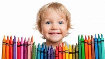 A child is smiling while holding a large pile of crayons photo