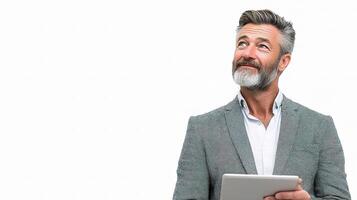 A man with a beard and suit is looking up photo