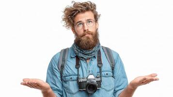 A bearded man with a camera and a backpack photo