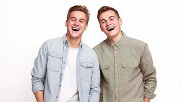 Two young men are smiling and laughing photo