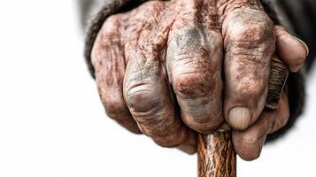 An old man's hand holding a wooden stick photo