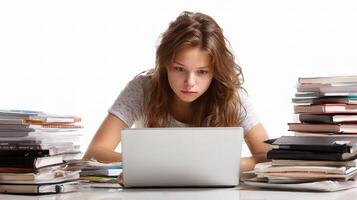 A young woman sitting at a desk with a laptop photo