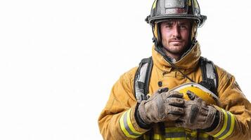 A firefighter is holding a helmet and a helmet photo