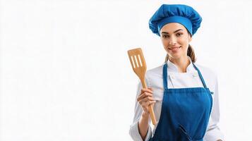 A woman in a blue apron holding a wooden spoon photo