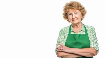 An older woman with a green apron and arms crossed photo