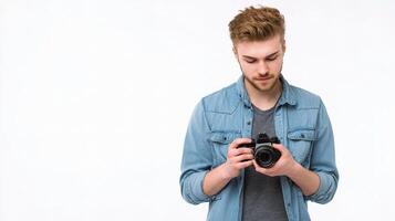 A man holding a camera and looking at it photo
