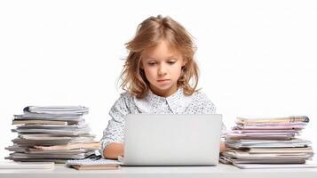 A young girl sitting at a desk with a laptop photo