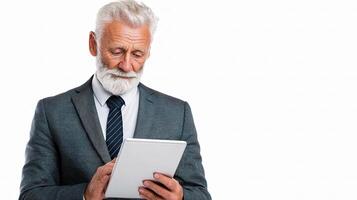 An older man in a suit and tie is holding a tablet photo