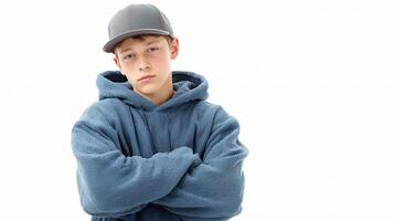 A young boy wearing a hoodie and a baseball cap photo