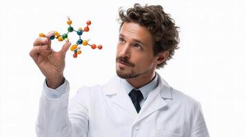 A man in a lab coat holding up a model of a molecule photo