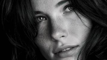 A woman with freckles and dark hair photo