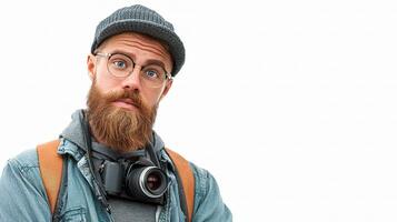 A bearded man with a camera and glasses photo