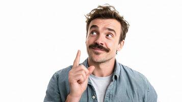 A man with a mustache pointing up photo