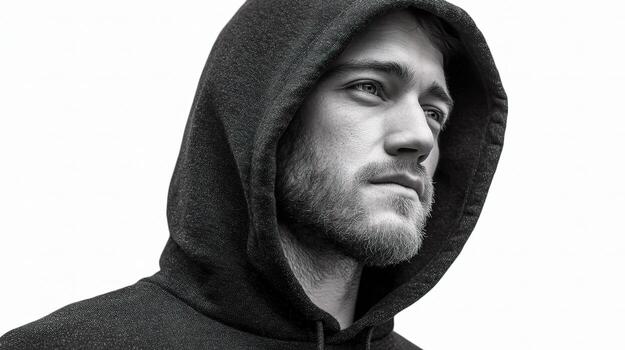 A man in a hoodie looking to the side photo