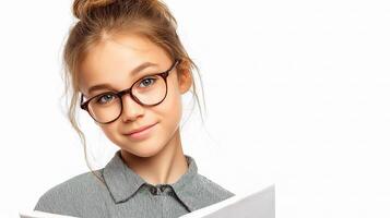 A girl with glasses is reading a book photo
