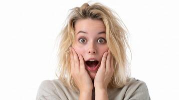 A woman with her mouth open and surprised expression photo