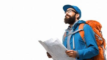 A bearded man with a backpack and a map photo