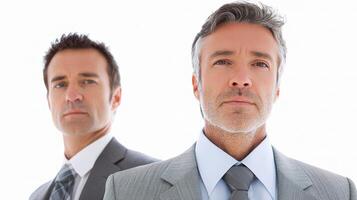 Two men in suits standing in front of a white background photo