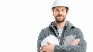 A man in a hard hat and jacket holding a white helmet photo